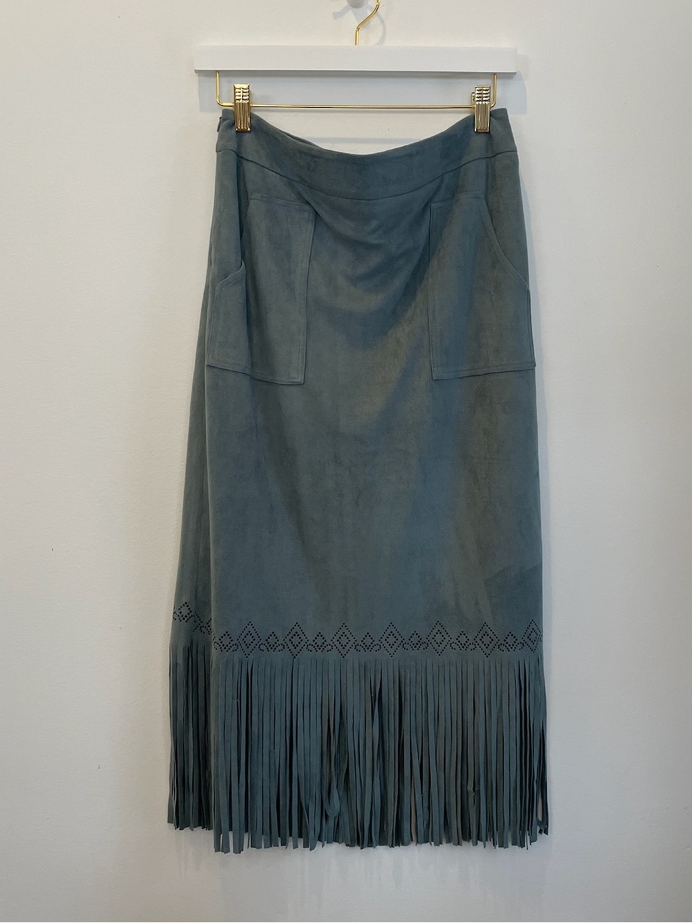 Suede Fringe Midi Skirt in Dusty Teal
